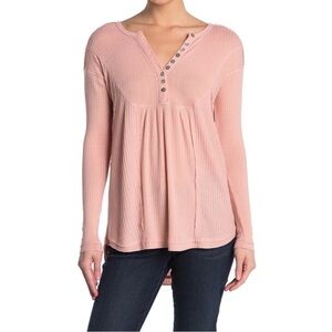 Sweet Romeo Waffle Knit Oversized Henley Blush peach top boho bib loose fit S